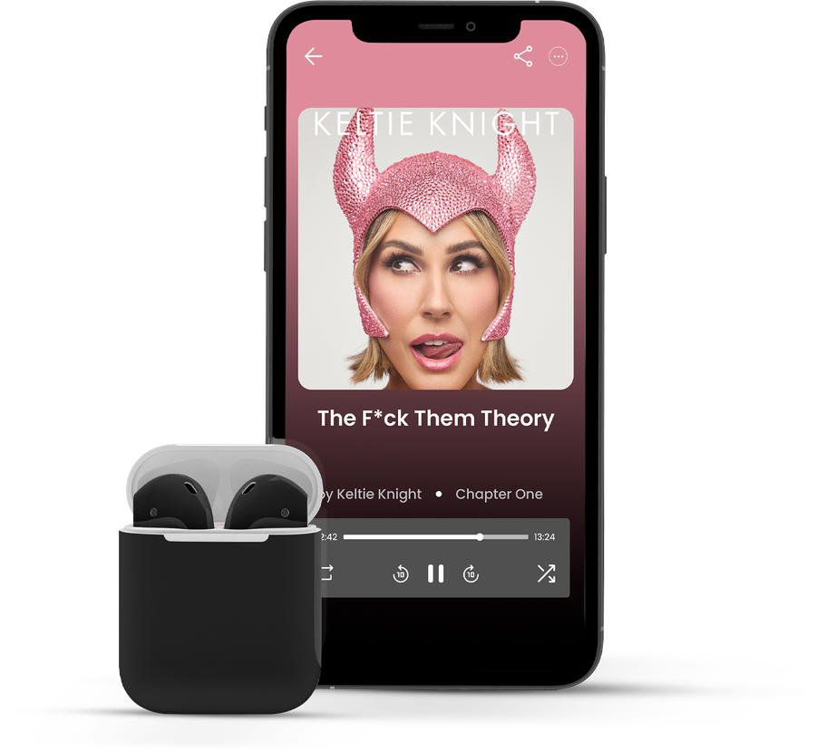 Keltie Knight's new book, audiobook edition on a phone with earbuds